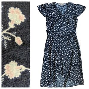 2/$30 Loft Petites 0P Navy Pink Floral Wrap Tulip Front Dress Poly Snap V-Neck